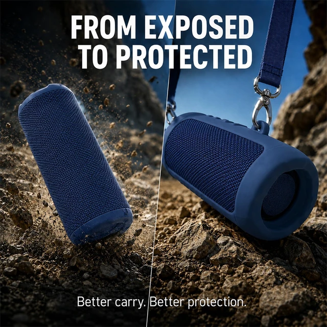 Alt view image 5 of 7 - Silicone Case for JBL Flip 7 with Shoulder Strap&Carabiner- Blue Flexible Silicone, Precise Cutouts for Buttons and USB-C Port, Lightweight Protection, for Travel, Camping, Beach, and Hiking