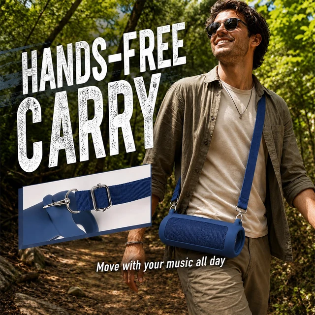 Alt view image 6 of 7 - Silicone Case for JBL Flip 7 with Shoulder Strap&Carabiner- Blue Flexible Silicone, Precise Cutouts for Buttons and USB-C Port, Lightweight Protection, for Travel, Camping, Beach, and Hiking