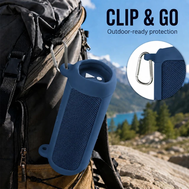 Alt view image 7 of 7 - Silicone Case for JBL Flip 7 with Shoulder Strap&Carabiner- Blue Flexible Silicone, Precise Cutouts for Buttons and USB-C Port, Lightweight Protection, for Travel, Camping, Beach, and Hiking