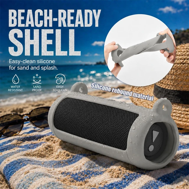 Alt view image 2 of 7 - Silicone Case for JBL Flip 7 with Shoulder Strap&Carabiner- Grey Flexible Silicone, Precise Cutouts for Buttons and USB-C Port, Lightweight Protection, for Travel, Camping, Beach, and Hiking