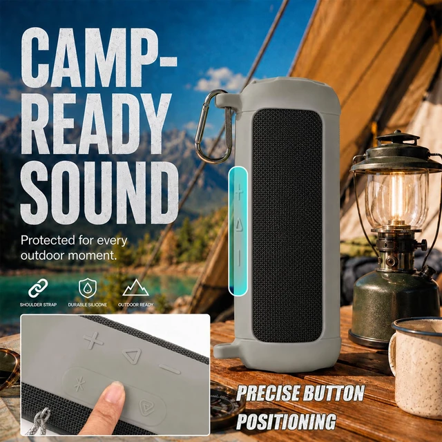 Alt view image 3 of 7 - Silicone Case for JBL Flip 7 with Shoulder Strap&Carabiner- Grey Flexible Silicone, Precise Cutouts for Buttons and USB-C Port, Lightweight Protection, for Travel, Camping, Beach, and Hiking