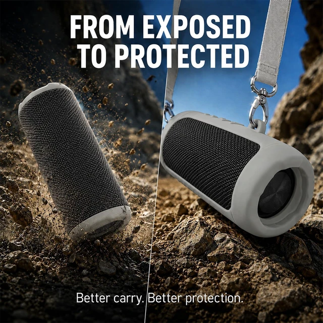 Alt view image 5 of 7 - Silicone Case for JBL Flip 7 with Shoulder Strap&Carabiner- Grey Flexible Silicone, Precise Cutouts for Buttons and USB-C Port, Lightweight Protection, for Travel, Camping, Beach, and Hiking