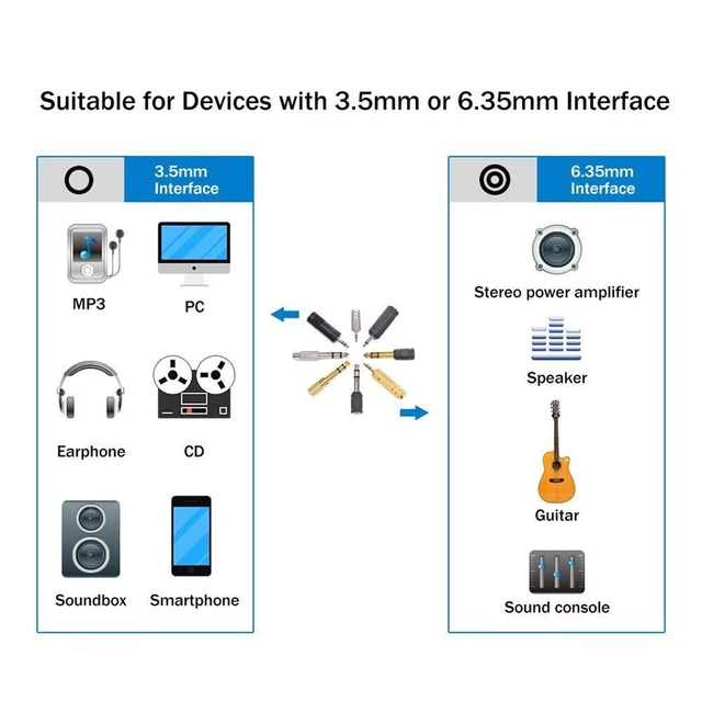 Alt view image 7 of 7 - 8 Pieces Audio Adapter Set - Gold Stereo 6.35mm 1/4inch to 3.5mm 1/8inch and 3.5mm to 2.5mm Mic Plug Connector