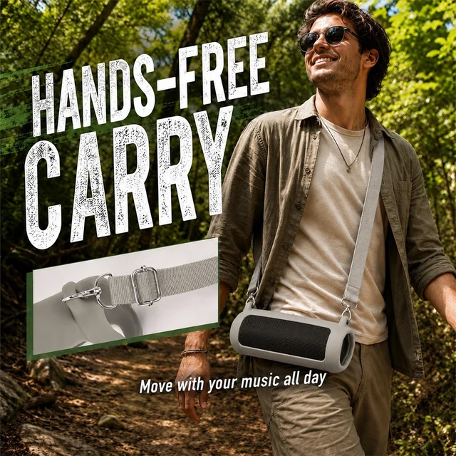 Alt view image 6 of 7 - Silicone Case for JBL Flip 7 with Shoulder Strap&Carabiner- Grey Flexible Silicone, Precise Cutouts for Buttons and USB-C Port, Lightweight Protection, for Travel, Camping, Beach, and Hiking