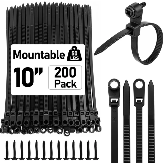 Main image of 200 Pcs 10 Inch Mountable Black Zip Ties with Screw Hole 50lbs Mountable Head Cable Ties, 200 Secure Screw, Heavy Duty Nylon Straps, for Electrical HVAC Workshop, Indoor Outdoor