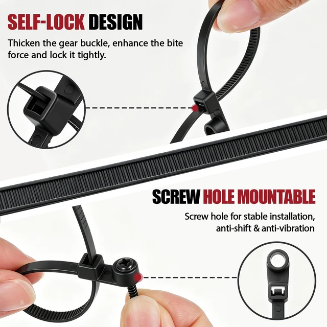 Alt view image 4 of 6 - 200 Pcs 8 Inch Mountable Black Zip Ties with Screw Hole 50lbs Mountable Head Cable Ties, 200 Secure Screw, Heavy Duty Nylon Straps, for Electrical HVAC Workshop, Indoor Outdoor