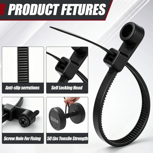 Alt view image 3 of 6 - 200 Pcs 8 Inch Mountable Black Zip Ties with Screw Hole 50lbs Mountable Head Cable Ties, 200 Secure Screw, Heavy Duty Nylon Straps, for Electrical HVAC Workshop, Indoor Outdoor