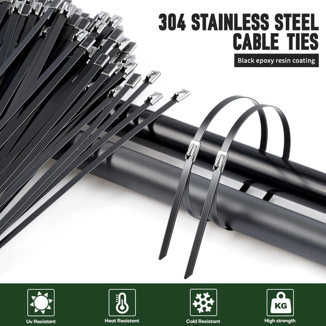 Alt view image 2 of 7 - Black Metal Zip Ties Heavy Duty Outdoor 11.8 Inch 100pcs 304 Stainless Steel UV-Resistant Cable Ties for Chain Link Fence Parts, Poultry Fence Fixing & Exhaust Wrapping