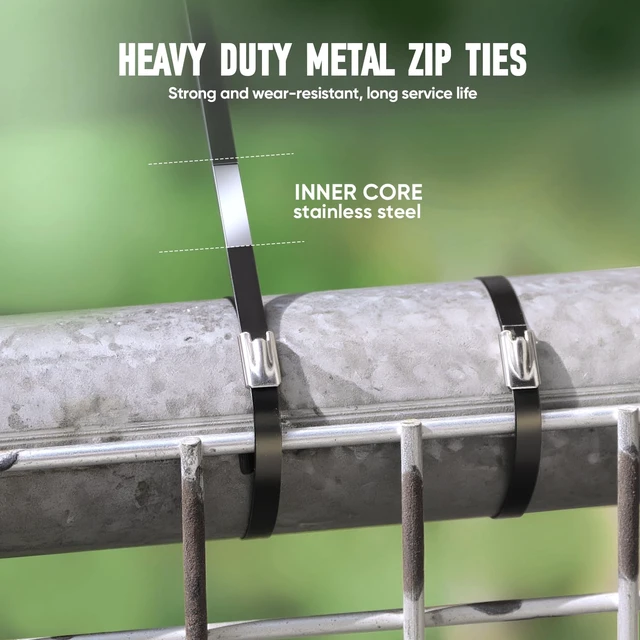 Alt view image 5 of 7 - Black Metal Zip Ties Heavy Duty Outdoor 11.8 Inch 100pcs 304 Stainless Steel UV-Resistant Cable Ties for Chain Link Fence Parts, Poultry Fence Fixing & Exhaust Wrapping