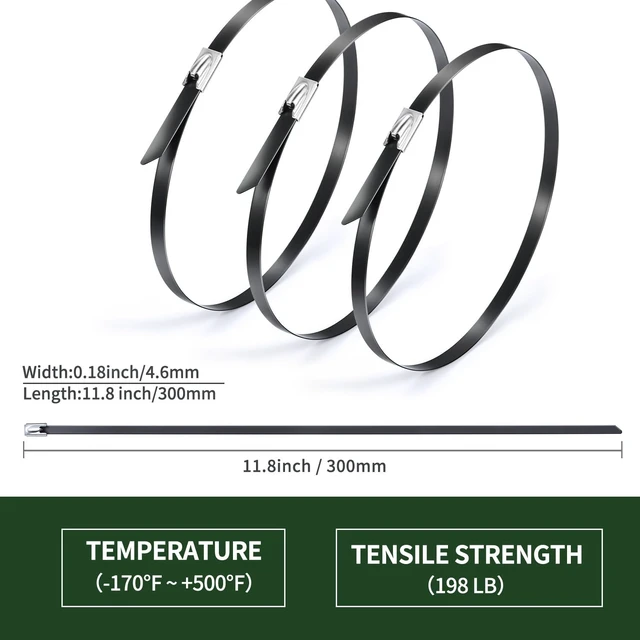 Alt view image 7 of 7 - Black Metal Zip Ties Heavy Duty Outdoor 11.8 Inch 100pcs 304 Stainless Steel UV-Resistant Cable Ties for Chain Link Fence Parts, Poultry Fence Fixing & Exhaust Wrapping