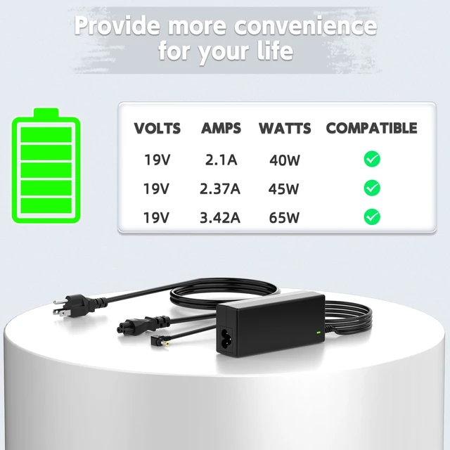 Alt view image 3 of 7 - 19V 3.42A, 65W Cable, Durable, Compatible with ASUS Monitors 19 3.42 Amperios stable output; Negro, Plástico; compact safety-protected travel-ready design for home office and travel use