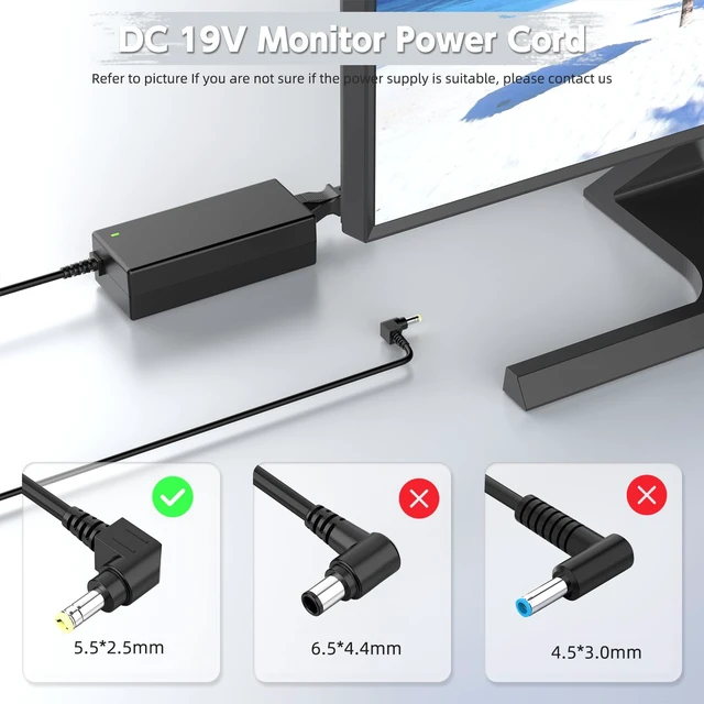 Alt view image 2 of 7 - 19V 3.42A, 65W Cable, Durable, Compatible with ASUS Monitors 19 3.42 Amperios stable output; Negro, Plástico; compact safety-protected travel-ready design for home office and travel use