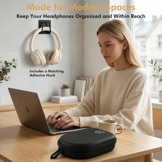 Alt view image 6 of 7 - Headphone Case Super-Slim PU Hard Shell for Sony/Bose/Soundcore Anker/BERIBES/KVIDIO/TOZO/JLab Over-Ear Headphones, Universal Travel Portable Bag with Adhesive Hook,Black