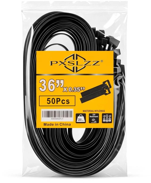 Main image of 36 Inch Zip Ties, 200LBS,0.35In Thick, 50Pack,Black Cable Ties Heavy Duty Extra Long Thick SelfLocking Nylon 66,UV Resistant AntiBrittle,Large Dia Wrapping for Outdoor Sign&Garden Use