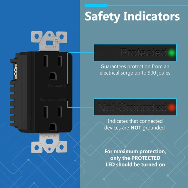 Alt view image 4 of 7 - 15A Surge Protector Receptacle, Tamper-Resistant Wall Outlet, 15A Self-Grounding, UL Listed, Matte Black, 1500 Joules, Child Safe, Durable And Heat Resistant, Easy Installation