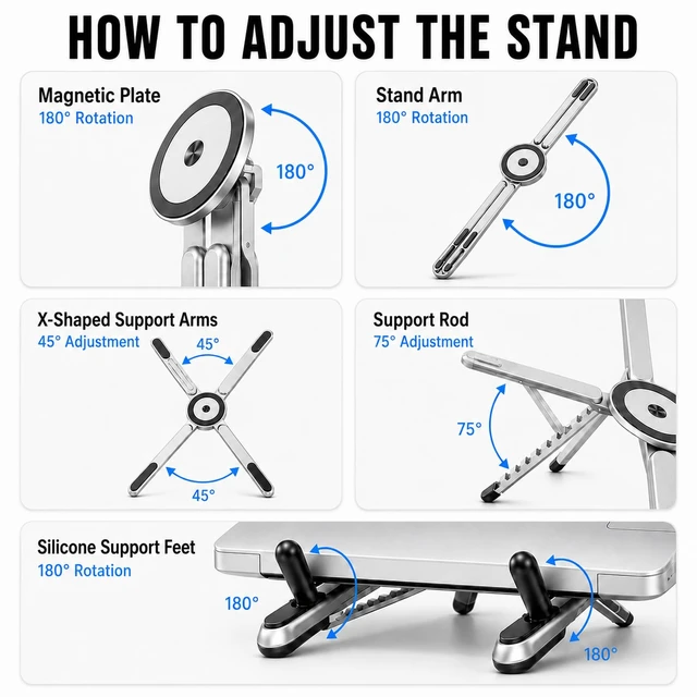 Alt view image 2 of 7 - 4-in-1 Foldable Laptop Stand & Riser, Tablet Stand, Magnetic Phone Holder