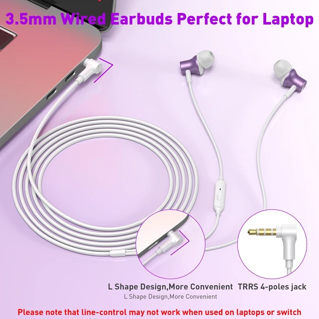 Alt view image 2 of 7 - Wired Earbuds 3.5mm Headphones with Mic for Laptop PC Chromebook,Purple Noise Isolating in-Ear Earbuds,3.5mm Jack Plug in headphones Call Volume Control for Mobile Phones/Computer/MP3 Kids School