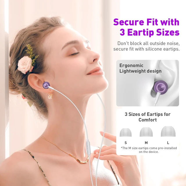 Alt view image 3 of 7 - Wired Earbuds 3.5mm Headphones with Mic for Laptop PC Chromebook,Purple Noise Isolating in-Ear Earbuds,3.5mm Jack Plug in headphones Call Volume Control for Mobile Phones/Computer/MP3 Kids School