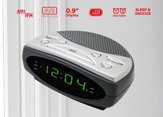 Alt view image 3 of 5 - HX-137CR Alarm Clock Radio, 0.9 Green LED Display (Grey) AM/FM Radio, Digital Clock, Dual Alarm