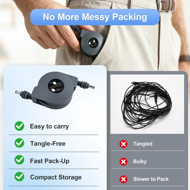 Alt view image 3 of 7 - Starlink Mini Power Cable 9.84FT/3M, Retractable Flat Starlink Mini DC Power Cord, Male-to-Male Waterproof Cable, StarlinkMini Accessories, Ideal for Cars, RVs, Trucks, Camping, and Travel