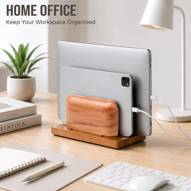 Alt view image 2 of 7 - Vertical Laptop Stand, Dual Slot Wooden Laptop Holder for Desk, Width Adjustable Dock for MacBook Pro, Laptops & Tablets, 100% Natural Wood Desktop Organizer