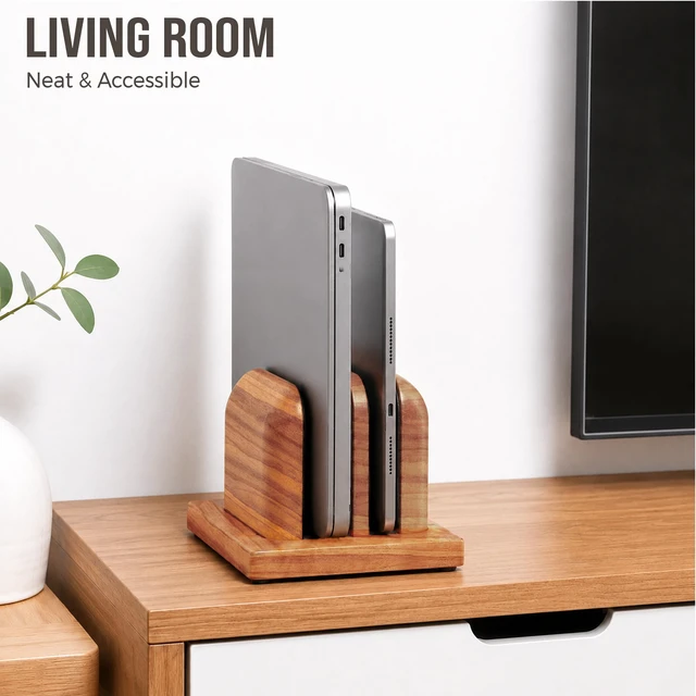 Alt view image 3 of 7 - Vertical Laptop Stand, Dual Slot Wooden Laptop Holder for Desk, Width Adjustable Dock for MacBook Pro, Laptops & Tablets, 100% Natural Wood Desktop Organizer