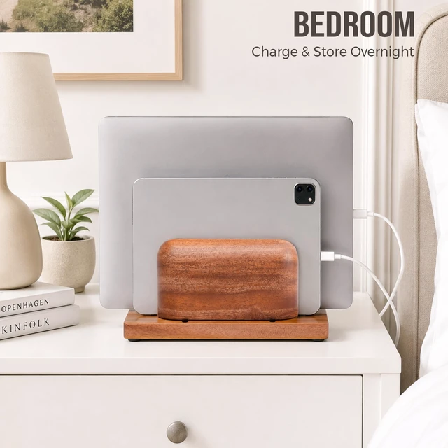 Alt view image 7 of 7 - Vertical Laptop Stand, Dual Slot Wooden Laptop Holder for Desk, Width Adjustable Dock for MacBook Pro, Laptops & Tablets, 100% Natural Wood Desktop Organizer