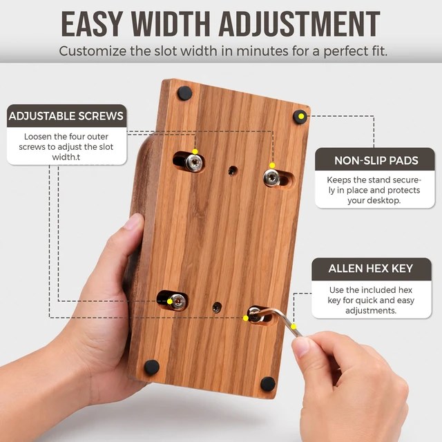 Alt view image 6 of 7 - Vertical Laptop Stand, Dual Slot Wooden Laptop Holder for Desk, Width Adjustable Dock for MacBook Pro, Laptops & Tablets, 100% Natural Wood Desktop Organizer