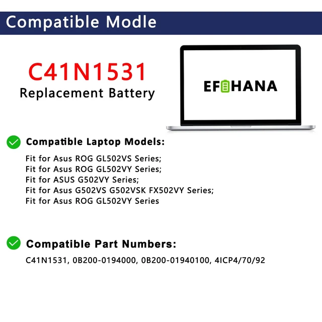 Alt view image 3 of 6 - C41N1531 Laptop Battery Replacement for ASUS ROG GL502VS GL502VY GL502VS-1A GL502VY-DS71 Strix GL502VS-FY032T G502VY-FY065T Series 0B200-01940100 15.2V 62Wh 4-Cell