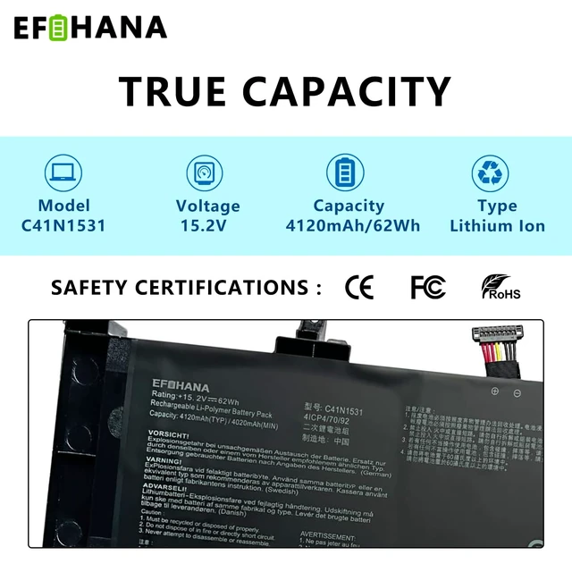 Alt view image 2 of 6 - C41N1531 Laptop Battery Replacement for ASUS ROG GL502VS GL502VY GL502VS-1A GL502VY-DS71 Strix GL502VS-FY032T G502VY-FY065T Series 0B200-01940100 15.2V 62Wh 4-Cell