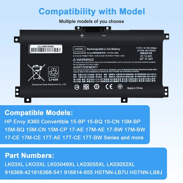 Alt view image 4 of 7 - LK03XL L09281-855 Battery Replacement for HP Envy X360 15m-cn0012dx 15m-cn0011dx 15m-bp112dx 15m-bq121dx 17-bw0013dx 15-CN 15-BQ 15-BP 17-AE 916814-855 L09281-855 L08855-856 55.8Wh LKO3XL