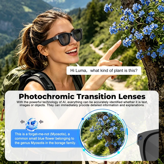 Alt view image 4 of 6 - AI Smart Glasses with 13MP Camera, ChatGPT Voice Control, Real-Time Translator, Photochromic Transition Lenses, Voice Control Smart Wearable