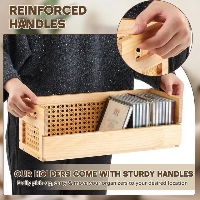 Alt view image 4 of 7 - 2 Set Rattan Design Wooden CD Storage Box,Holds 72 CDs(36 Each) Cassette Tape Display Rack Organizer Shelf with Magnetic Front Flap and Carrying Handles for DVDs, Cassette Tapes,Movie Cases