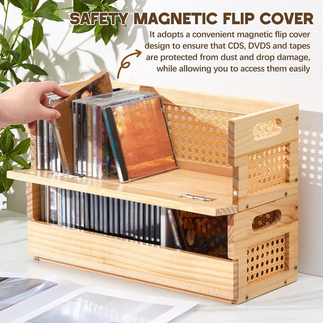 Alt view image 5 of 7 - 2 Set Rattan Design Wooden CD Storage Box,Holds 72 CDs(36 Each) Cassette Tape Display Rack Organizer Shelf with Magnetic Front Flap and Carrying Handles for DVDs, Cassette Tapes,Movie Cases