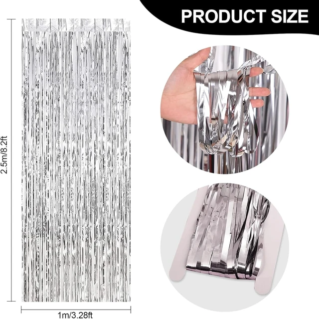 Alt view image 2 of 7 - 24 Pack Silver Metallic Foil Fringe Curtains 3.2ft x 8.2ft Foil Fringe Curtain Backdrop Foil Streamers Party Supplies Tinsel Curtain Backdrop for Parties/Birthday/Halloween/Photo Booth