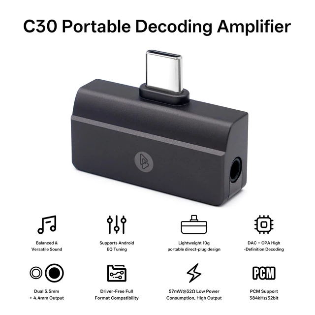 Alt view image 2 of 7 - C30 Portable IEM DAC Amp, USB C to 3.5mm & 4.4mm Dual Output Hi-Res 32-bit/384kHz Decoder with OPA Amplifier, 10-Band EQ Tuning, 57mW@32 Mini Audio Adapter for Phone/PC