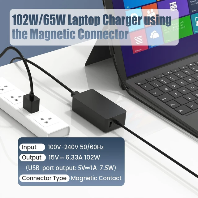 Alt view image 3 of 7 - 102W Surface Charger Compatible with Microsoft Laptop Studio, Surface Book 3/4/5, Surface Pro 7/6/5/4/3, Surface Go, 15V 6.6A Power Supply Adapter with USB Port, Magnetic Connector