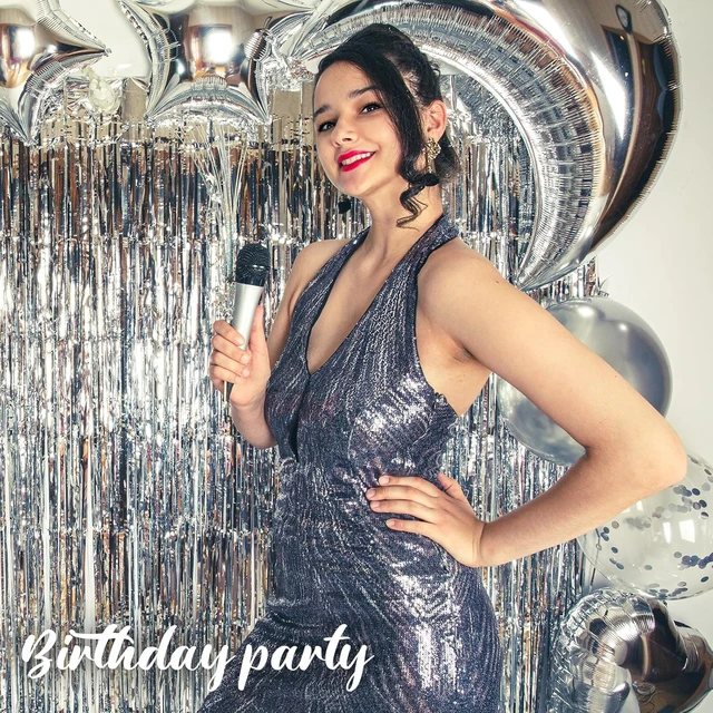 Alt view image 3 of 7 - 24 Pack Silver Metallic Foil Fringe Curtains 3.2ft x 8.2ft Foil Fringe Curtain Backdrop Foil Streamers Party Supplies Tinsel Curtain Backdrop for Parties/Birthday/Halloween/Photo Booth
