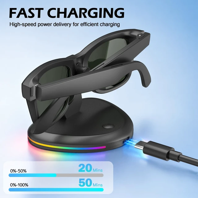 Alt view image 2 of 7 - RGB Charging Station for Meta Ray-Ban Glasses, Space Gray Compatible with Wayfarer, Skyler, Headliner & Oakley Meta HSTN, 7-Color Led Light and USB-C Cable