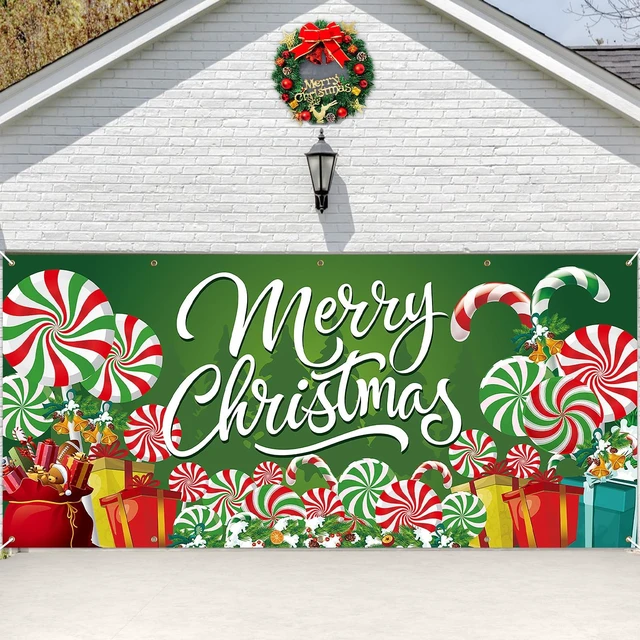 Main image of 13 x 6 FT Christmas Garage Door Cover Banner Backdrop Decorations - Extra Large Candy Cane Gift Box Printed Hanging Door Background for Indoor Outdoor House Patio Lawn Outside Décor Party Supplies