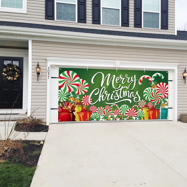 Alt view image 3 of 6 - 13 x 6 FT Christmas Garage Door Cover Banner Backdrop Decorations - Extra Large Candy Cane Gift Box Printed Hanging Door Background for Indoor Outdoor House Patio Lawn Outside Décor Party Supplies