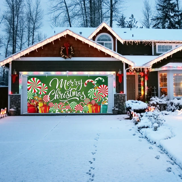 Alt view image 4 of 6 - 13 x 6 FT Christmas Garage Door Cover Banner Backdrop Decorations - Extra Large Candy Cane Gift Box Printed Hanging Door Background for Indoor Outdoor House Patio Lawn Outside Décor Party Supplies