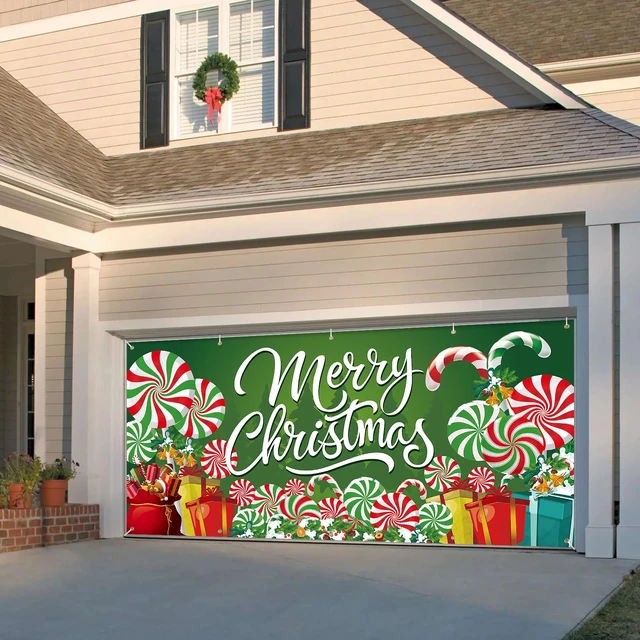 Alt view image 5 of 6 - 13 x 6 FT Christmas Garage Door Cover Banner Backdrop Decorations - Extra Large Candy Cane Gift Box Printed Hanging Door Background for Indoor Outdoor House Patio Lawn Outside Décor Party Supplies