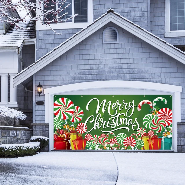Alt view image 6 of 6 - 13 x 6 FT Christmas Garage Door Cover Banner Backdrop Decorations - Extra Large Candy Cane Gift Box Printed Hanging Door Background for Indoor Outdoor House Patio Lawn Outside Décor Party Supplies