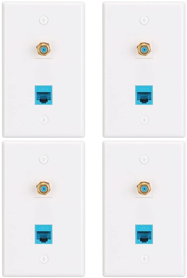 Main image of Ethernet Coax Wall Plate, 3GHz, 4 Pack Includes CAT6 Keystone Coupler and 3GHz Gold Plated Coax Keystone Jack; F Type Port Wall Plate