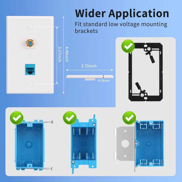 Alt view image 4 of 6 - Ethernet Coax Wall Plate, 3GHz, 4 Pack Includes CAT6 Keystone Coupler and 3GHz Gold Plated Coax Keystone Jack; F Type Port Wall Plate