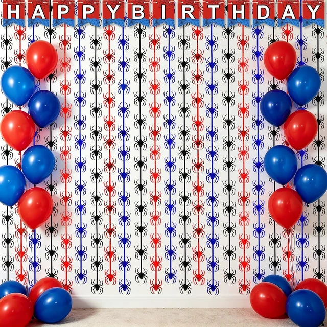 Main image of Spider Birthday Decorations, 1 Set Banner & 2 Pcs Red Black Blue Spider Tinsel Foil Fringe Curtains Backdrops (3.3x6.6 ft), Large Birthday Photo Booth Props Indoor Party Boy Room Decor