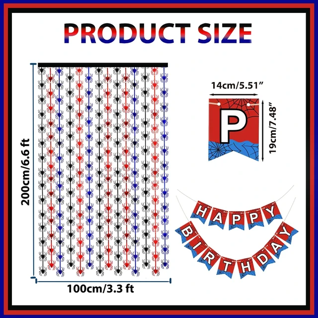 Alt view image 2 of 7 - Spider Birthday Decorations, 1 Set Banner & 2 Pcs Red Black Blue Spider Tinsel Foil Fringe Curtains Backdrops (3.3x6.6 ft), Large Birthday Photo Booth Props Indoor Party Boy Room Decor