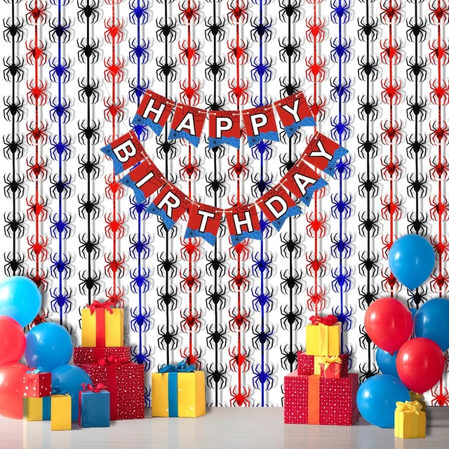 Alt view image 3 of 7 - Spider Birthday Decorations, 1 Set Banner & 2 Pcs Red Black Blue Spider Tinsel Foil Fringe Curtains Backdrops (3.3x6.6 ft), Large Birthday Photo Booth Props Indoor Party Boy Room Decor