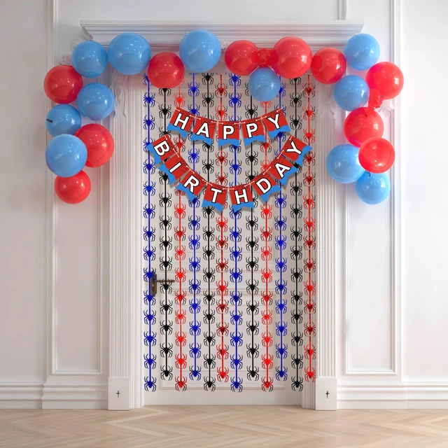 Alt view image 4 of 7 - Spider Birthday Decorations, 1 Set Banner & 2 Pcs Red Black Blue Spider Tinsel Foil Fringe Curtains Backdrops (3.3x6.6 ft), Large Birthday Photo Booth Props Indoor Party Boy Room Decor